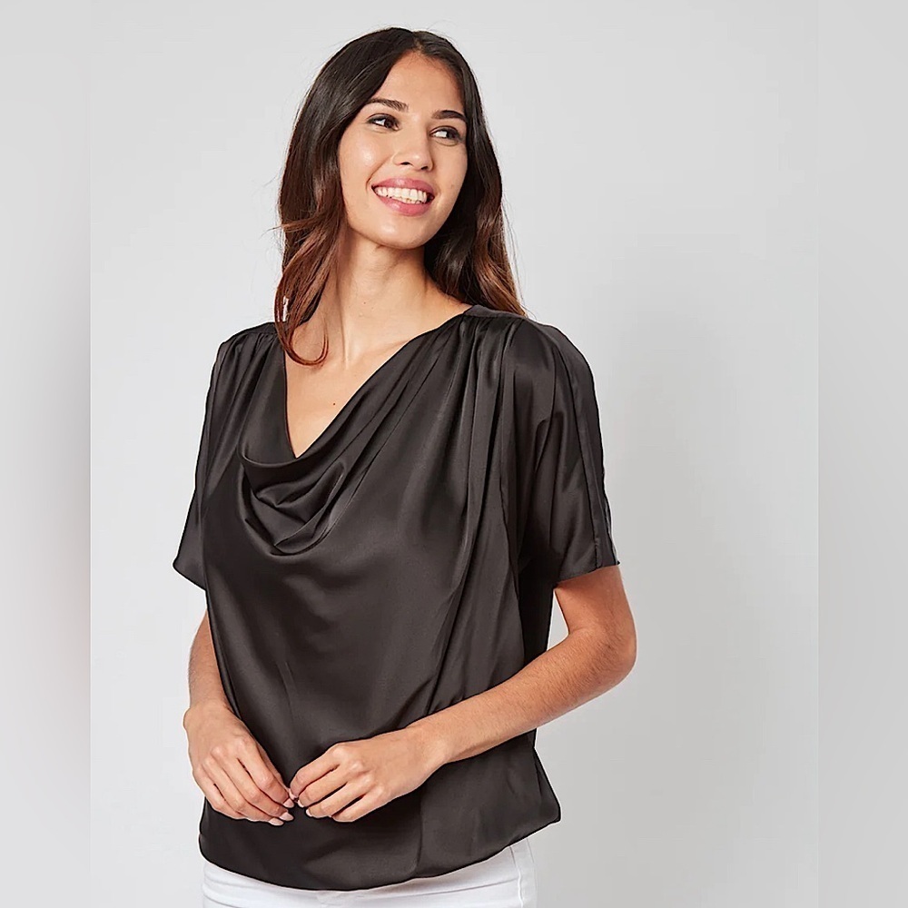 Dora Landa Black Satin Adele Blouse Short Sleeve Draped Neck Size XL NEW